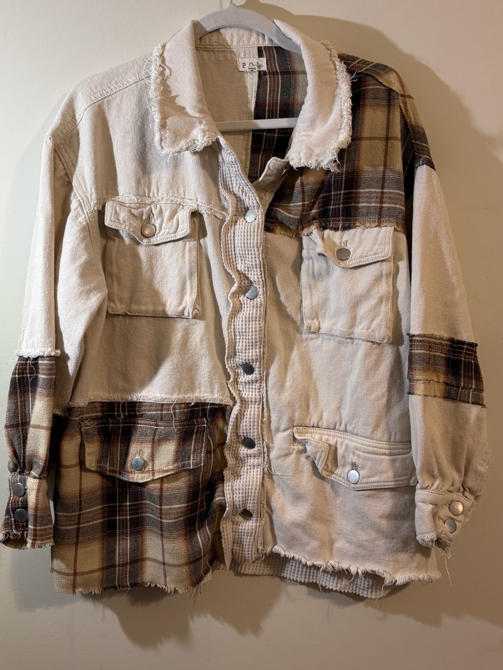 POL patchwork jacket women’s small plaid frayed collar button-Up ribbed shacket